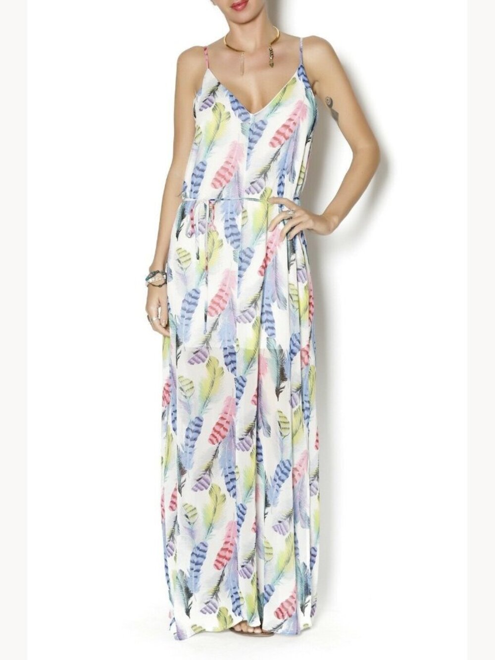 HONEY PUNCH Lightweight Flowy Boho V-Neck V-Back Feather Maxi Dress Summer L